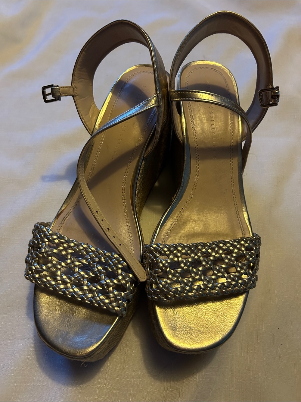 Zara Metallic Braided Strap Wedge Sandals
